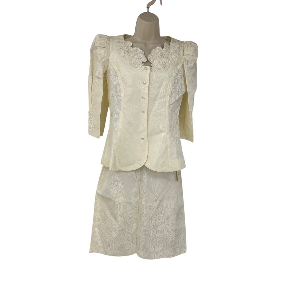 Vintage Cachet Bar Prods Ivory Jacquard Skirt Suit Sz 10 NWT 80s Glam Wedding